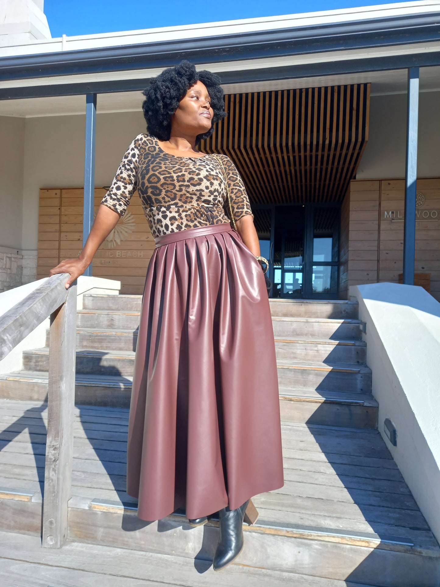 Chocolate pleather pleated maxi skirt