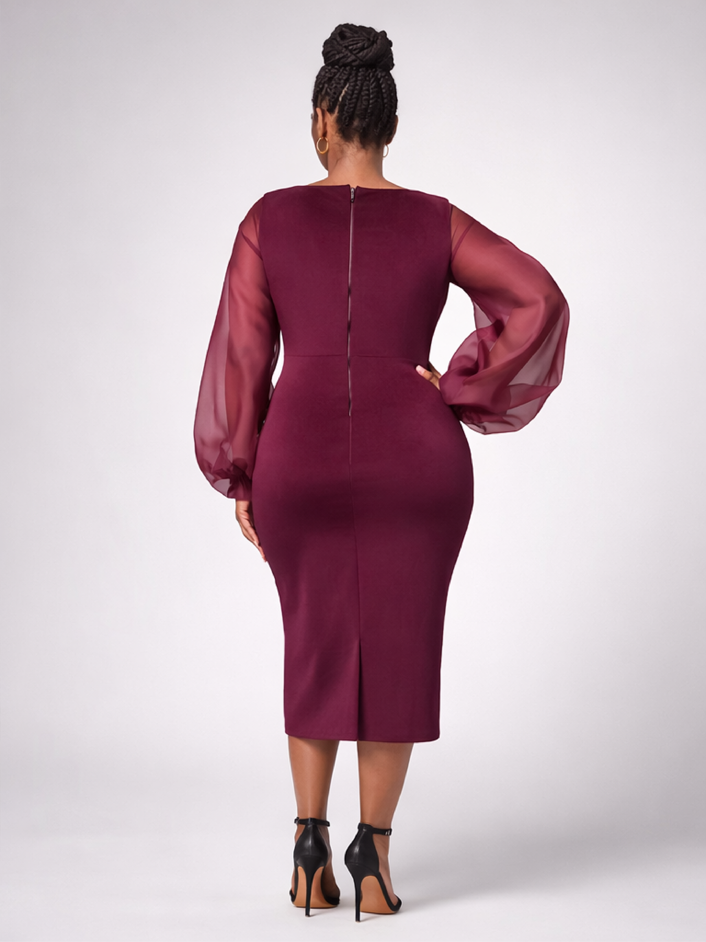 Burgandy velvet dress with organza sleeves