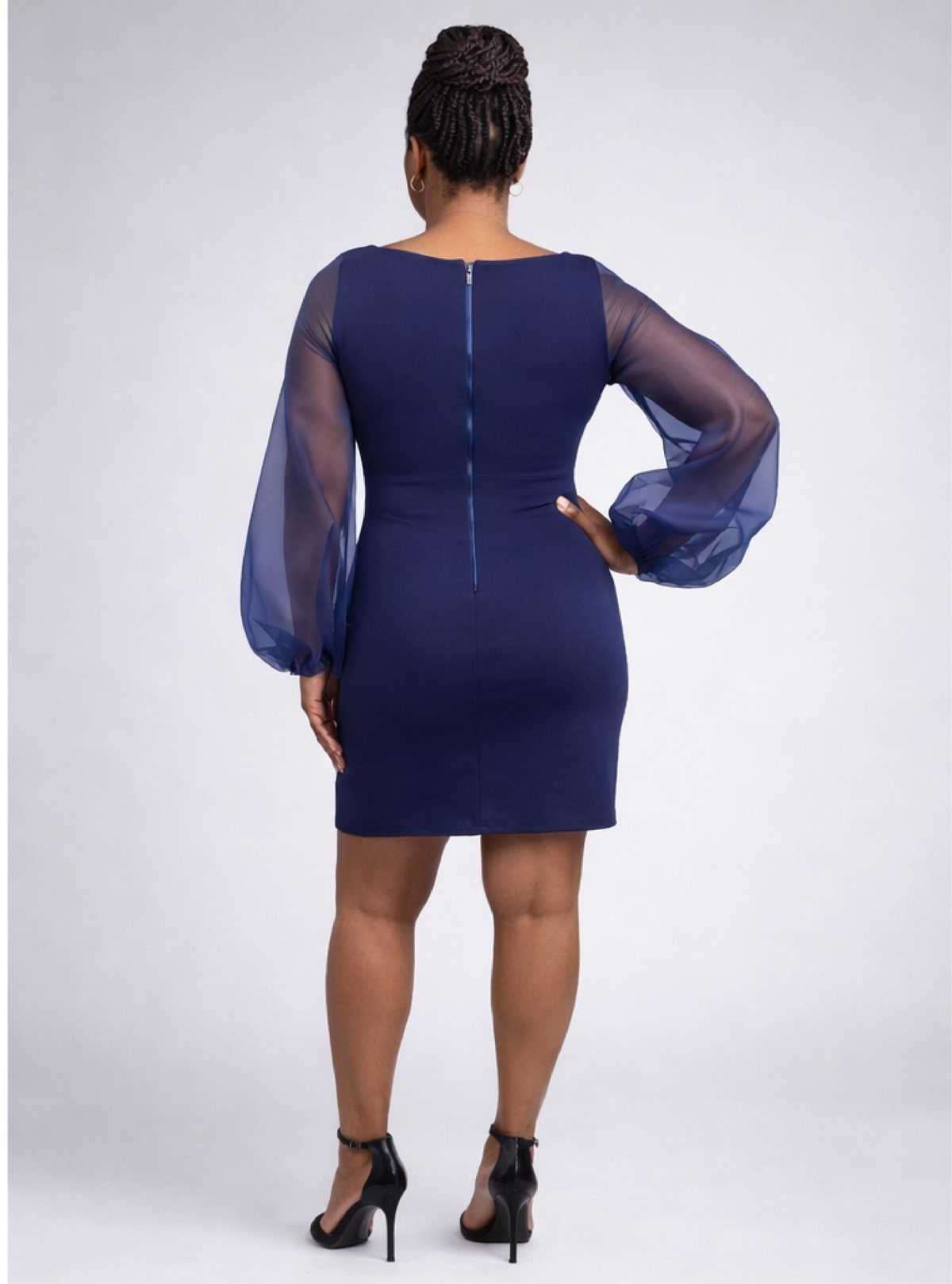 Navy scuba crepe dress with organza sleeves