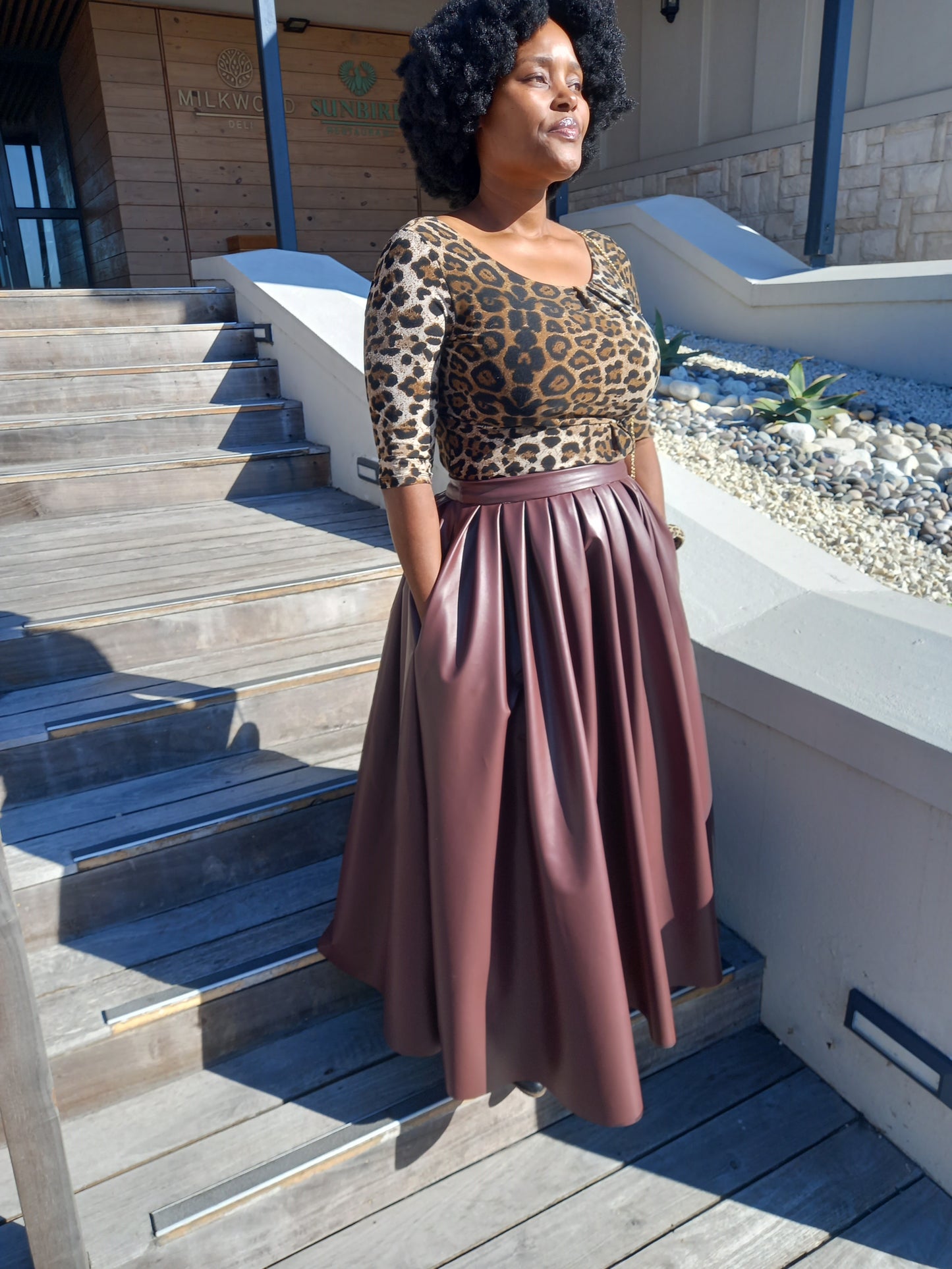 Chocolate pleather pleated maxi skirt
