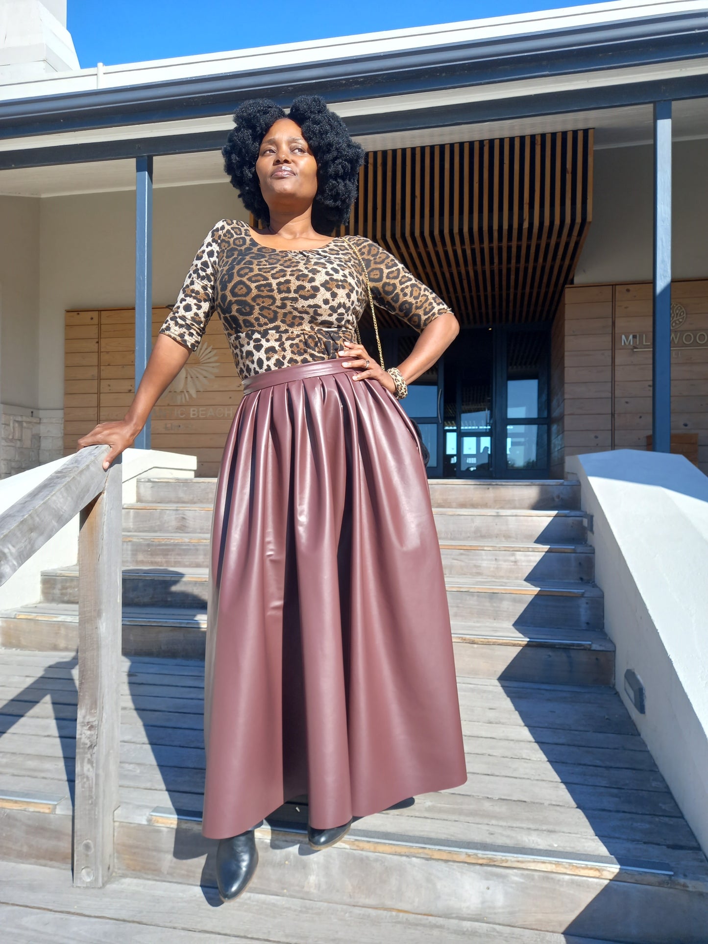Chocolate pleather pleated maxi skirt