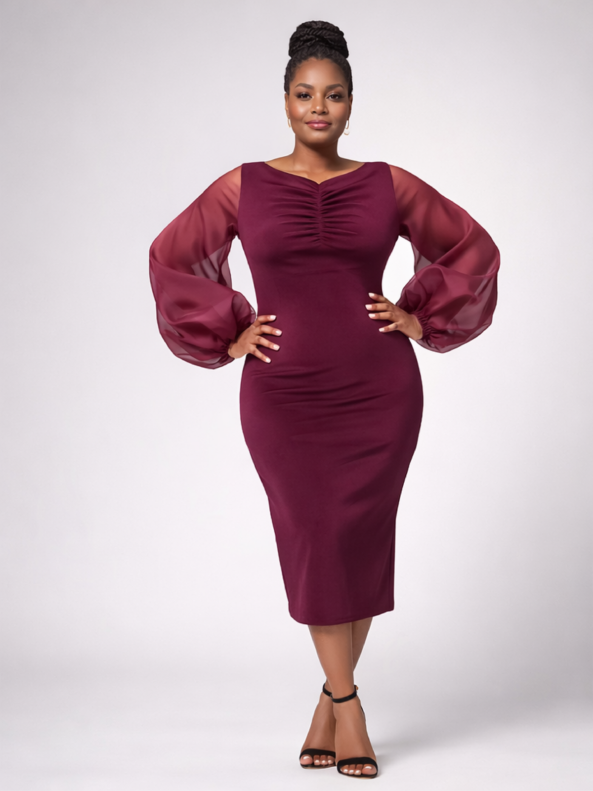 Burgandy velvet dress with organza sleeves