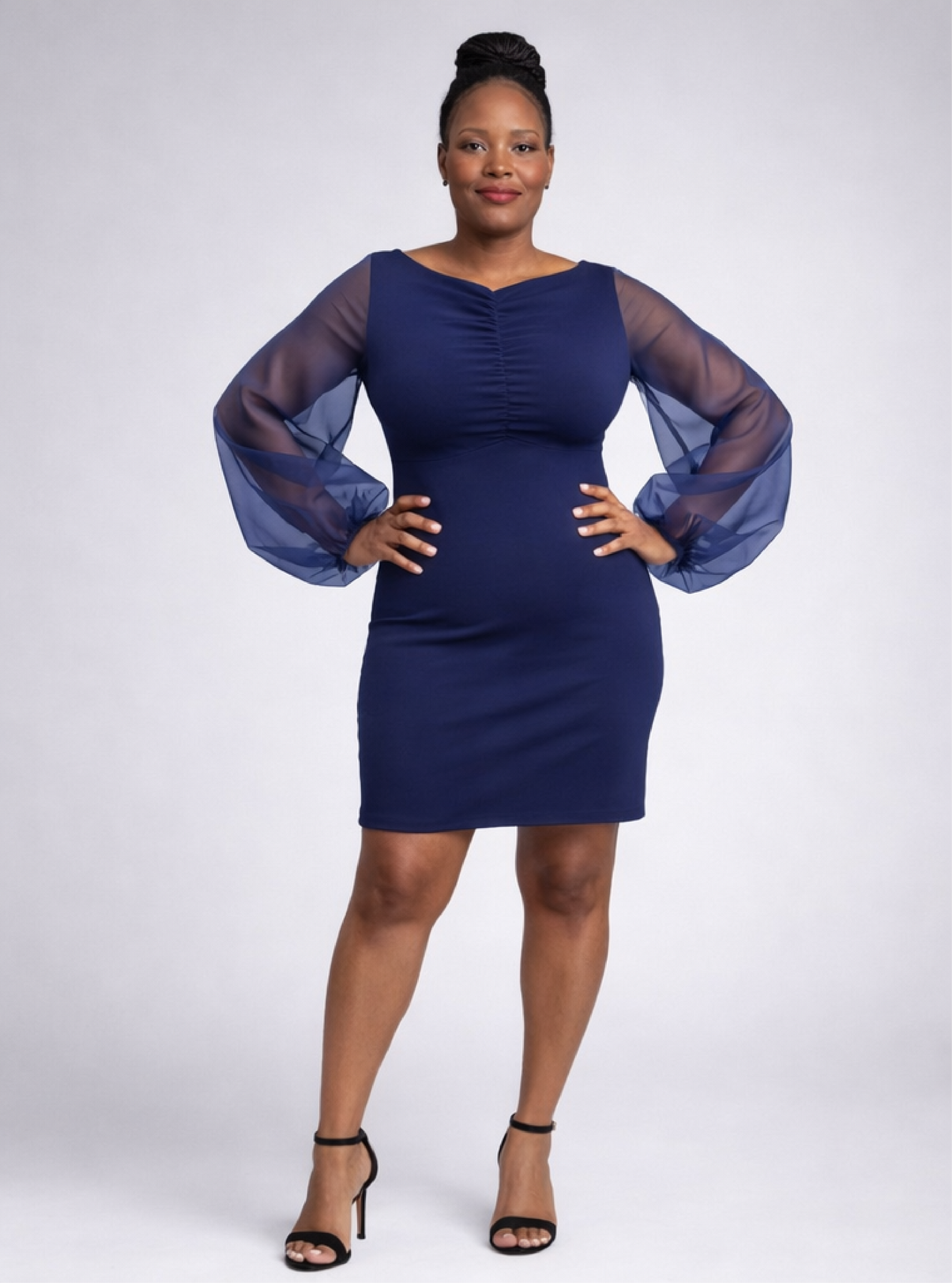 Navy scuba crepe dress with organza sleeves