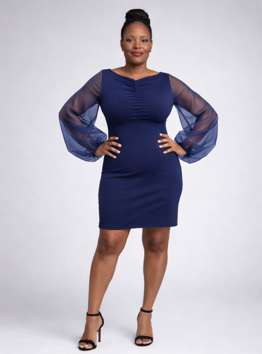 Navy scuba crepe dress with organza sleeves